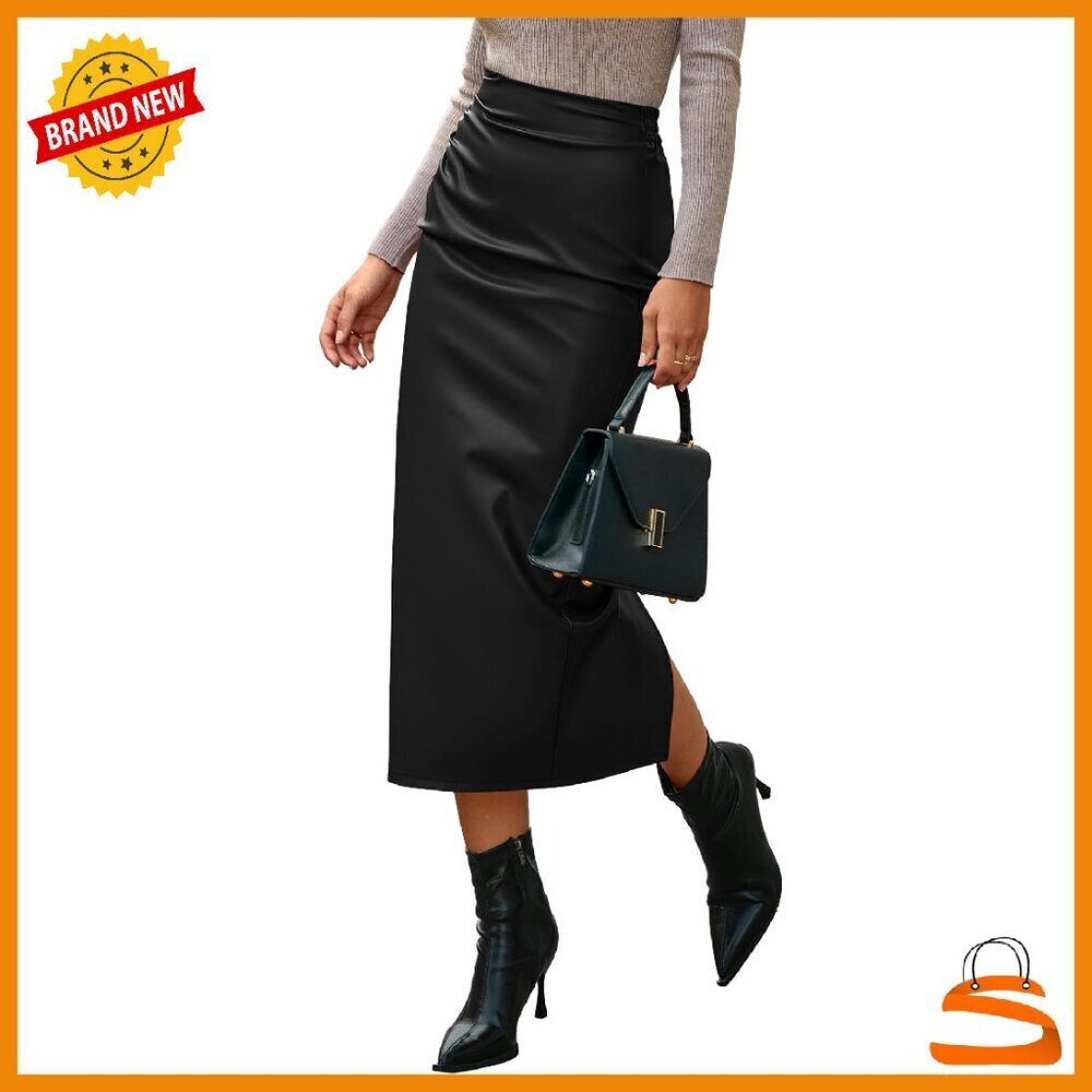 PU Leather Pencil Midi Skirt High Waisted Bodycon Back Slit